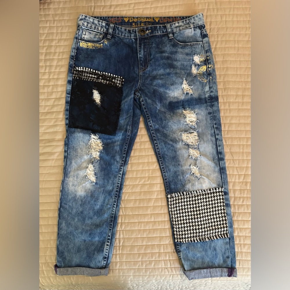 Desigual Denim Stylish Blue Distressed Jeans with Patchwork